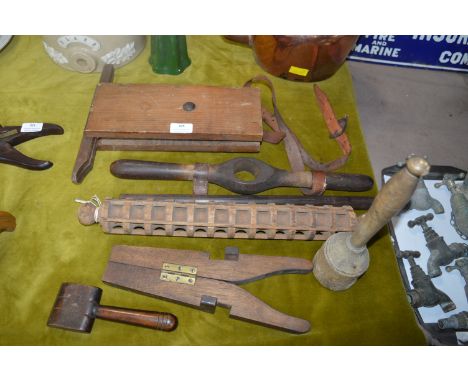 Wooden Items Including Biscuit Roller, Digging Aid, Horse Sweat Remover and a Boot Jack 