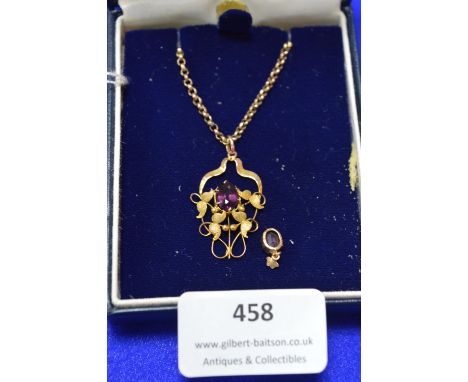 9k Gold Art Nouveau Pendant with Amethyst ~5.6g gross (requires small repair) 