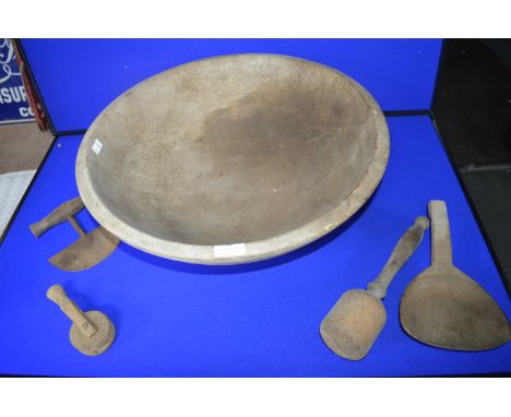 Large Turned Wooden Bowl plus Utensils Including Butter Roller etc. 