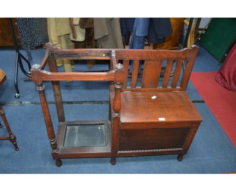 1930's Oak Hall Seat with Built-In Stick Stand 