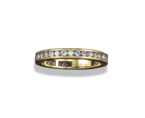 A diamond full-circle eternity ring, the round brilliant-cut diamonds are channel-set in yellow gold, size O