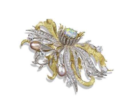 An opal, diamond and cultured pearl-set floral brooch, 1970s, the oval-shaped opal is mounted in diamond-set petals with furt