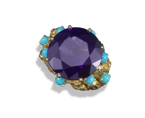 A French amethyst and turquoise-set gold ring, the circular-cut amethyst set with turquoise cabochons to the textured open-wo