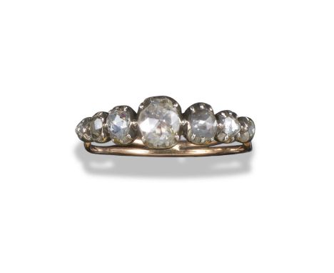 A George III diamond five stone ring, the graduated rose-cut diamonds are set in silver and gold closed-back settings, size M