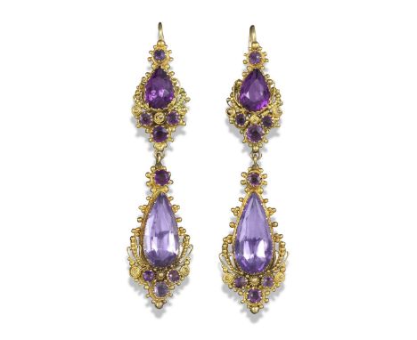 A pair of Regency amethyst and gold cannetille drop earrings, the two-section earrings each centred with a pear-shaped amethy