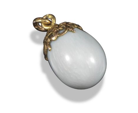 A Russian miniature egg pendant by Fabergé, work master Michael Perchin, the oyster-coloured guilloche enamel decoration surm