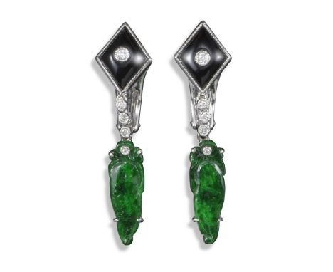 A pair of onyx, jade and diamond earrings, the lozenge-shape onyx set with a round brilliant-cut diamond and each suspending 