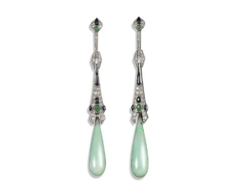 A pair of Art Deco jade and gem-set drop earrings, the drop-shaped jade pendants suspend from long articulated links millegra
