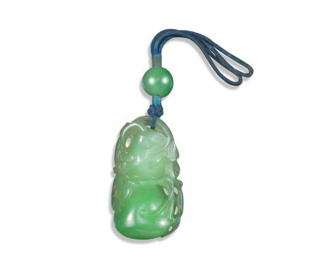 A carved and pierced jade pendant, suspended from a silk cord with green paste bead, 3.5cm high