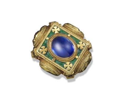 An impressive gold, enamel and synthetic sapphire-mounted ring, previously the property of Bishop Halford, of tapered square 