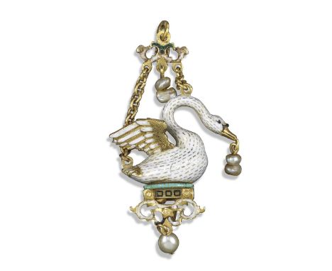 A Renaissance Revival gem-set gold swan pendant in the late 16th century style, the swan with white enamel body and gold flec