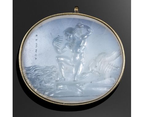 A Neoclassical white chalcedony intaglio, the oval-shaped agate plaque depicting 'Polyphemus the Cyclop, enamoured of Galatea