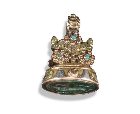 A Regency two-colour gold fob seal, set with turquoise cabochons and mounted with a carved bloodstone oval intaglio depicting