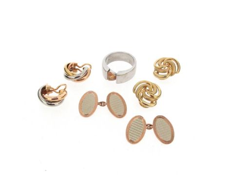 A small quantity of jewellery, including a pair of 9ct two-colour gold cufflinks with engine-turned decoration, a pair of gol