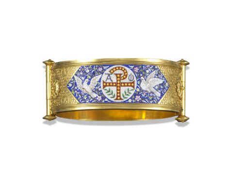 A 19th century gold hinged bangle with micro mosaic centre panel, the centre circular micromosaic section decorated with the 
