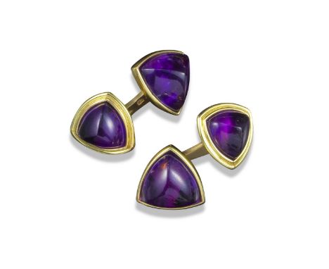 A pair of triangular cabochon amethyst cufflinks, within gold mounts and gold chains, French control marks