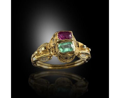 A gem-set gold Renaissance gimmel ring, late 16th century and possibly German, the two collets elaborately engraved and with 