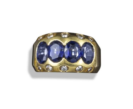 A sapphire and diamond-set ring, the four oval-shaped sapphires set with ten small shoulder diamonds in yellow gold, size N ½