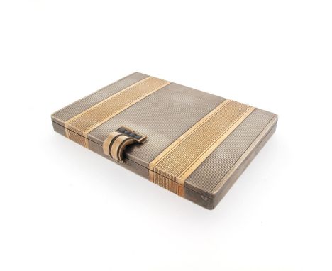 A gilt lined silver rectangular minaudiere, 1930s, striated rectangular form with two gold bands with engine-turned hob-nail 