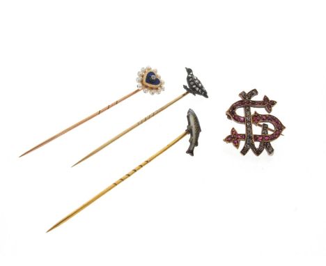 A collection of stick pins and a gem-set brooch, one gold stick pin mounted with a silver and gold partridge pave-set with di