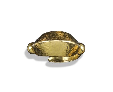 A gold bombé ring by Lalaounis, with hammered decoration and spherical gold shoulders, signed and with maker's mark, size O 1