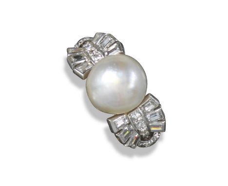 A natural pearl and diamond ring, the button-shaped white pearl set with circular and baguette-shaped diamond spray shoulders