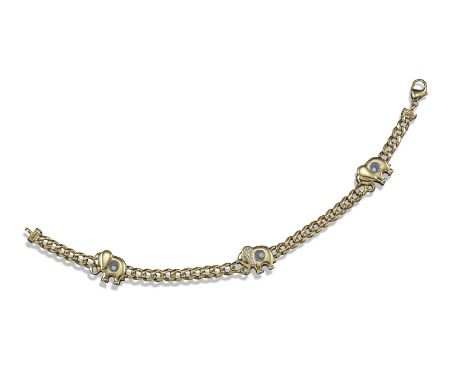 A diamond-set 'Happy Elephant' yellow gold bracelet by Chopard, the curb-link bracelet is mounted with three stylised elephan