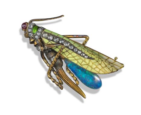 An Art Nouveau enamel and diamond grasshopper brooch, realistically formed with a solid white opal abdomen, gold and diamond 