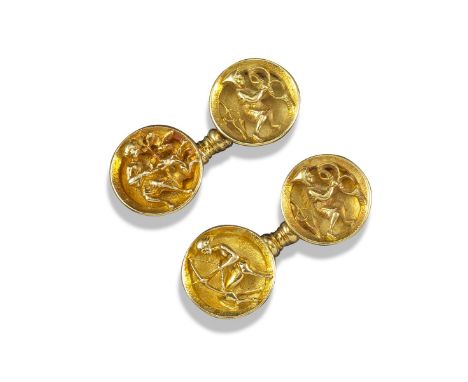 A pair of yellow gold revivalist cufflinks by Wiese, c1880, each circular link applied with a figure in various pursuits, and