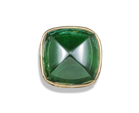 A cushion-shaped green glass-mounted gold ring by Baccarat, 2.5cm wide, size S