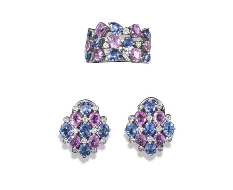 A sapphire and diamond ring and earring suite, the openwork ring set with oval-shaped pink sapphires, pear-shaped blue sapphi