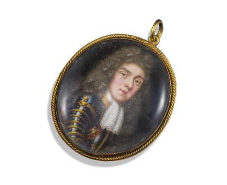 A late 17th century miniature portrait of a Nobleman by Pierre II Huaud, with full wig, white lace cravat and armour, painted