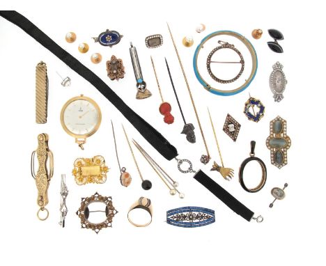 Various items of jewellery, including a diamond-set white gold wristwatch, eleven assorted brooches, a gold slide, a blue ena