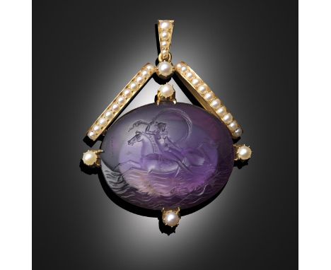 A Neoclassical amethyst intaglio, the oval-shaped amethyst plaque engraved with a scene depicting a sea nymph Nereid riding a