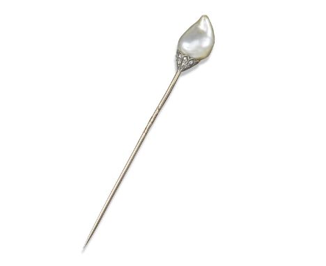 A natural pearl-mounted stick pin, the baroque-shaped pearl is mounted in a diamond-set cap with a gold shaft, cased by Mappi