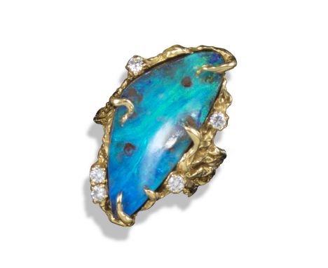 A yellow gold stylised tendril ring by Arthur King, set with a boulder opal within a surround of give round brilliant-cut dia