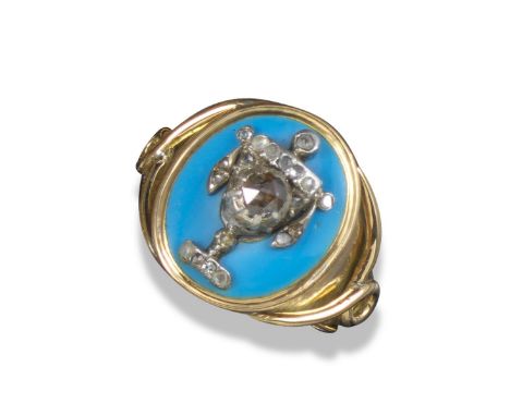 A George III diamond, enamel and gold amphora ring, the urn set with rose-cut diamonds on blue enamel ground and twisted wire