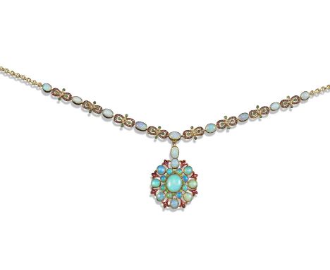 A late 19th century opal and enamel necklace, the pendant set with a graduated cluster of oval opal cabochons, green enamel a