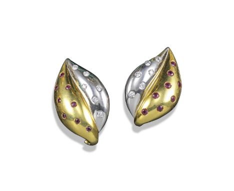 A pair of ruby and diamond leaf earrings by Faraone, of stylised form, each half set with either diamonds on white gold or ru