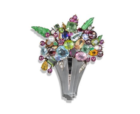 A multi gem-set giardinetto brooch, set with various gemstones including peridot, aquamarines, ruby beads and jade leaves, th