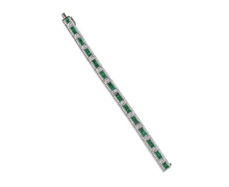 An emerald and diamond bracelet, the centre link set with a square-shaped diamond between alternating links set with four bag