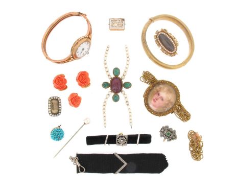 Various items of jewellery, including a 19th century gold framed miniature portrait of a girl, the gold mounts with fine-link