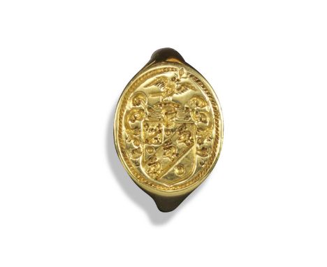 An antique gold signet ring, probably 18th century, engraved with full arms and surmounted with a dove crest, the reverse wit