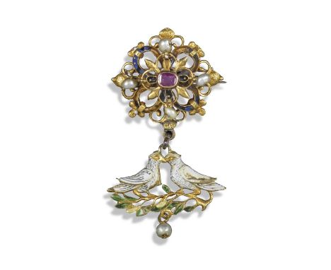A mid 18th century gold brooch and pendant, the brooch of scroll form, centred with an oval-shaped ruby and with four seed pe