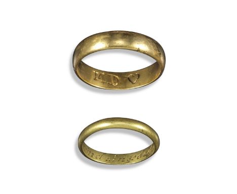 A late 17th century yellow gold friendship posy ring, the plain yellow gold shank engraved to the inside with "A freind at ne