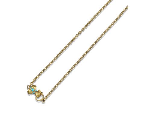 A 19th century gold plain oval-link longuard chain, with a textured gold clenched hand clasp wearing a ruby ring and set with