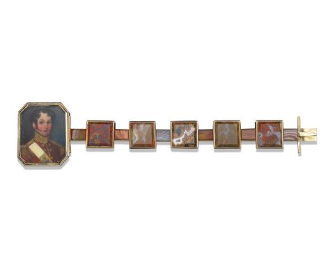 A 19th century Scottish bracelet set with a portrait miniature of a Scottish Fusilier, on a bracelet set with rectangular and