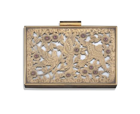 A French gold, silver-gilt and gem-set minaudière by Boucheron, pierced with engraved silver-gilt rectangular section depicti