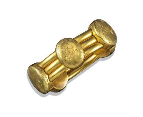 A Victorian gold portrait bangle, set with five oval-shaped locket compartments, each engraved with letters, hinged and openi