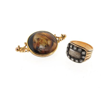A late George III enamel and diamond-set mourning ring, the rectangular enamelled plaque containing plaited hair and set with